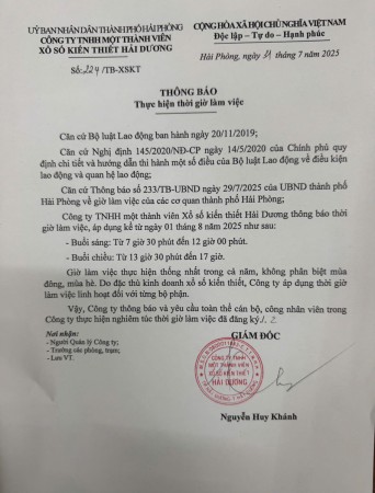Thông báo thời giờ làm việc