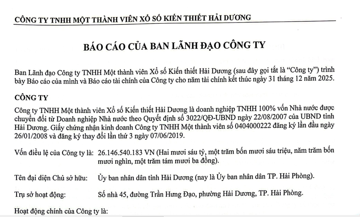 Báo cáo mục tiêu TQKHKD năm 2026 của Công ty XSKT Hải Dương